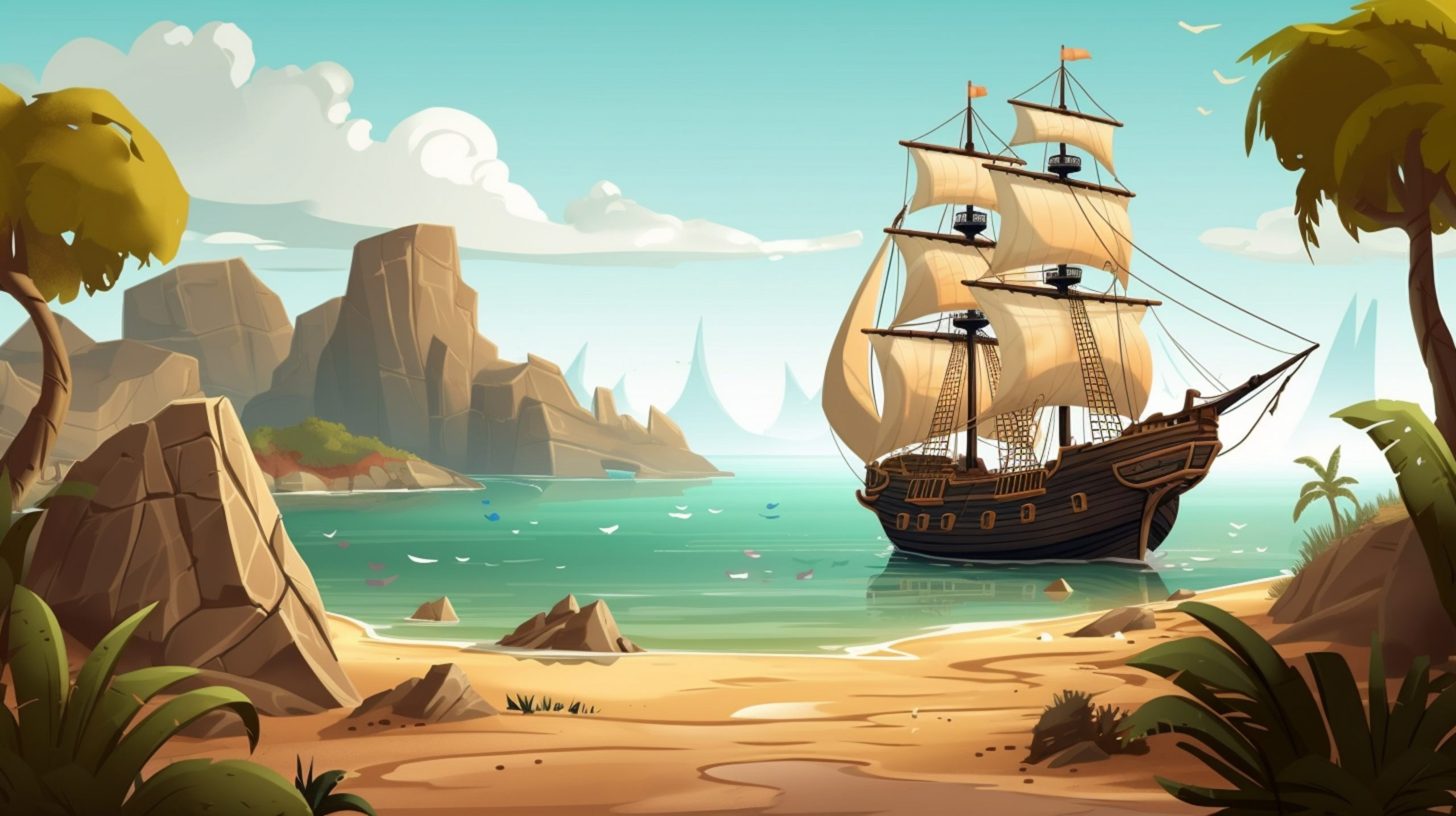 A pirate ship looking for treasure on a deserted Generative AI
